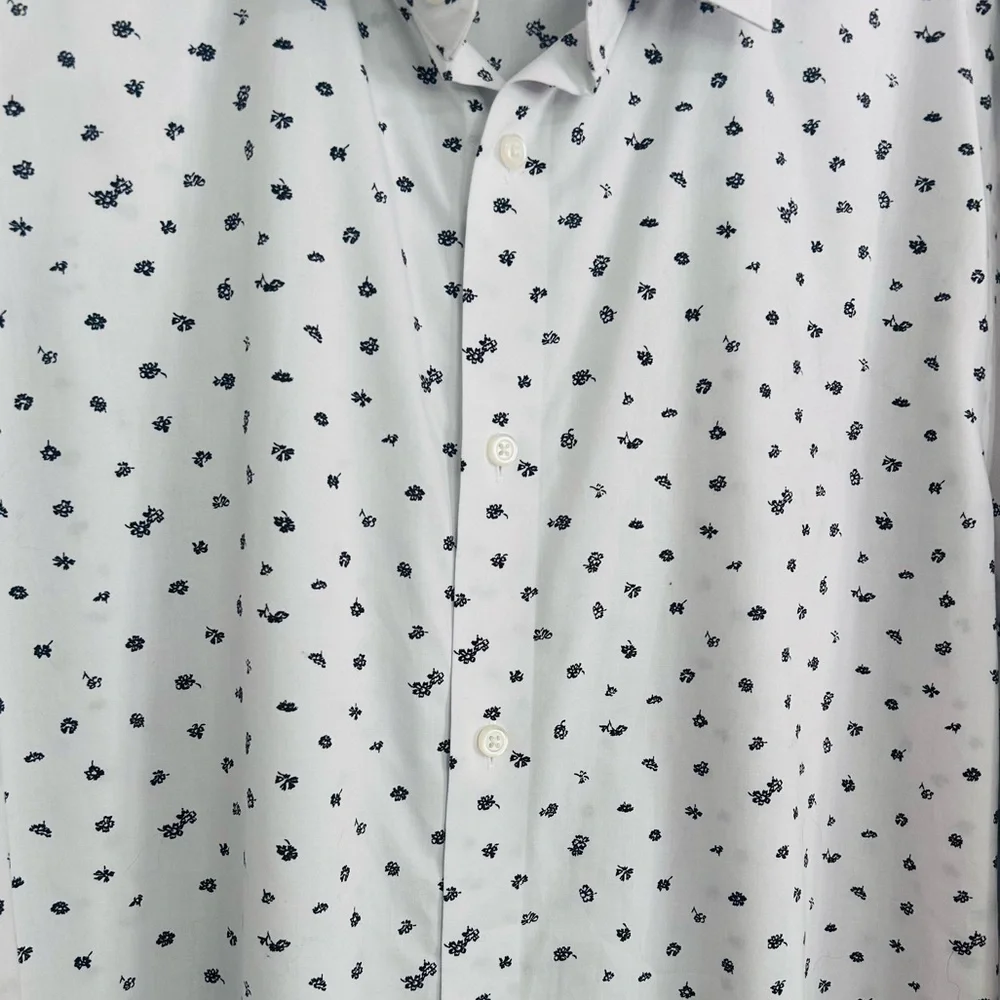 Banana Republic Men Slim Fit White Black Floral Non-Iron Cotton Dress Shirt Sz L